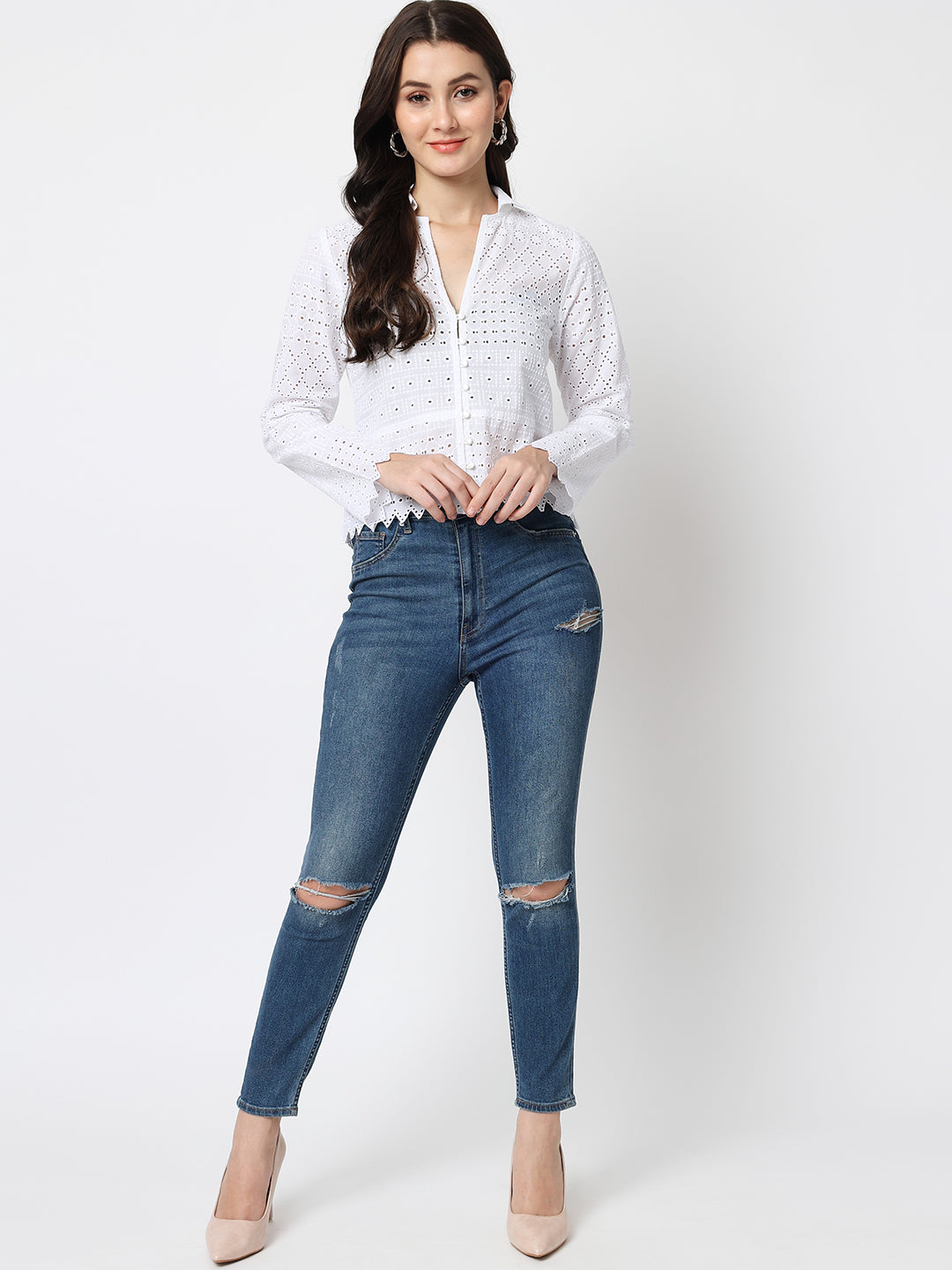 White Schiffli Long Sleeves Top