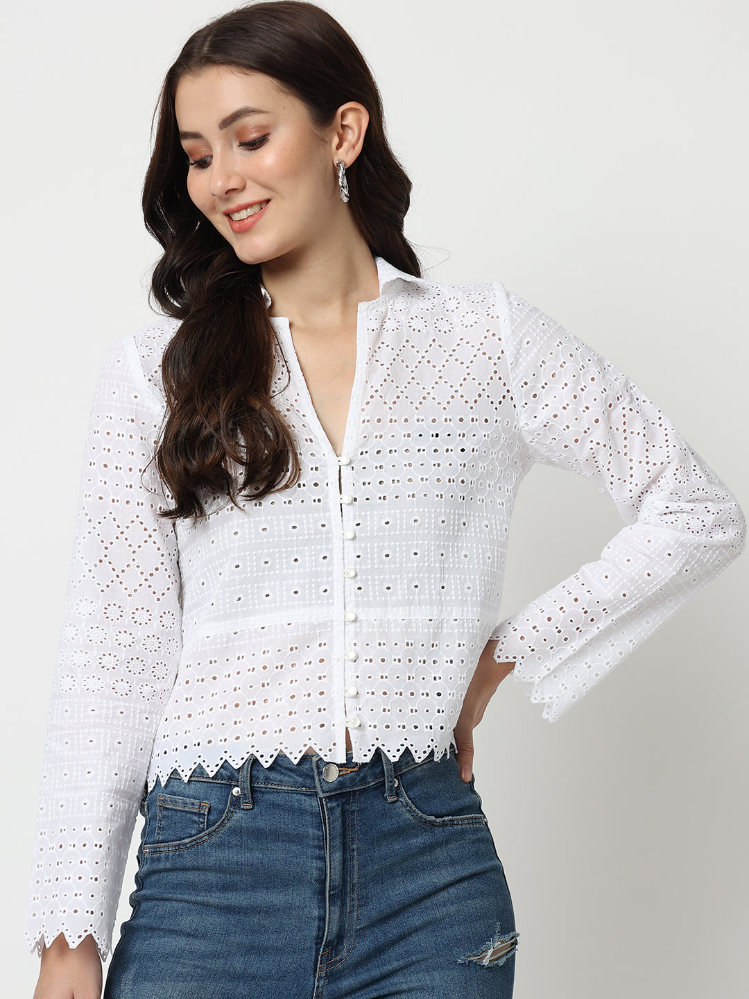 White Schiffli Long Sleeves Top