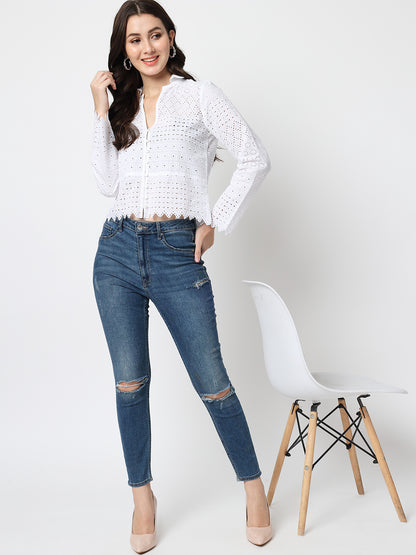 White Schiffli Long Sleeves Top