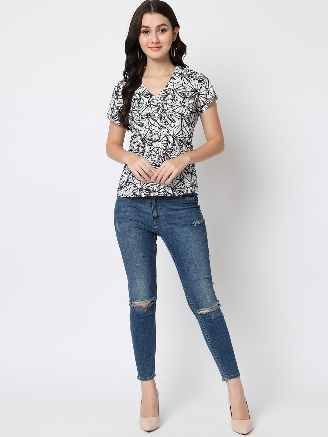 Women Abstract Printed Half Sleeves V-Neck Casual Top