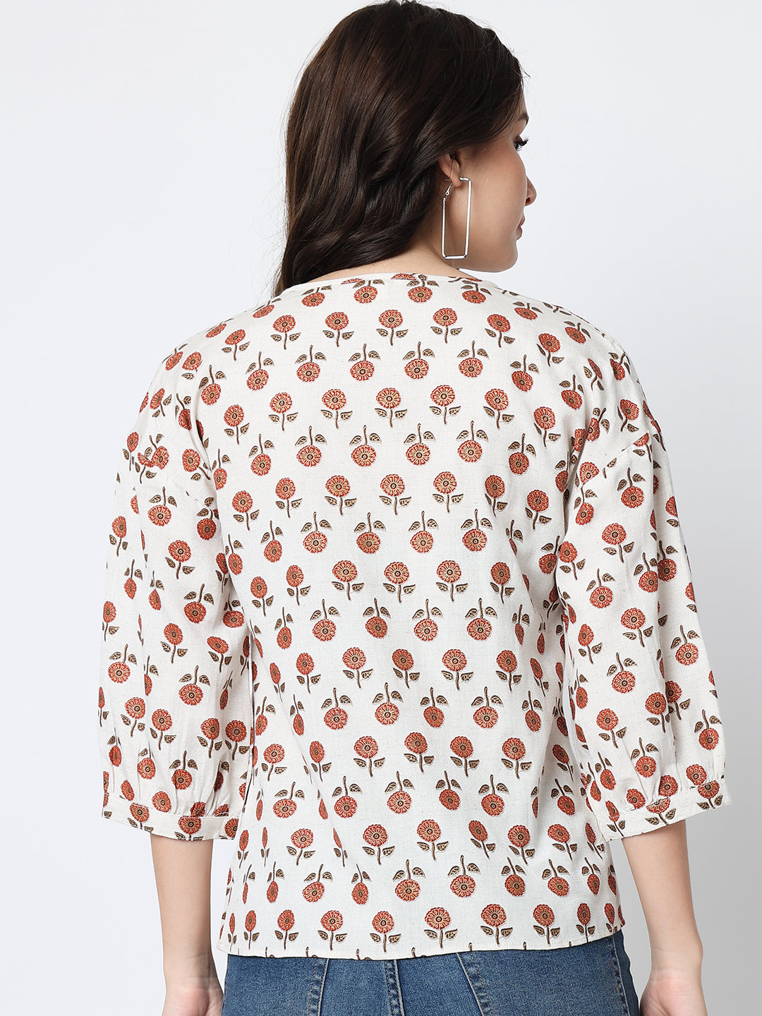 Cream-Coloured Floral Print Mandarin Collar Shirt Style Top