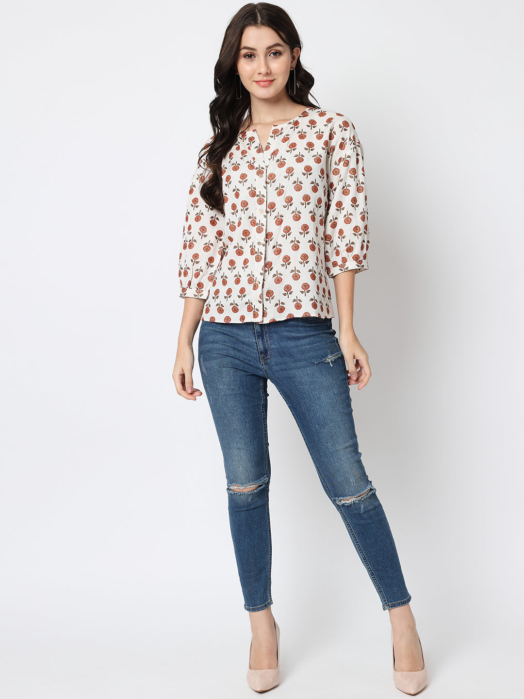 Cream-Coloured Floral Print Mandarin Collar Shirt Style Top