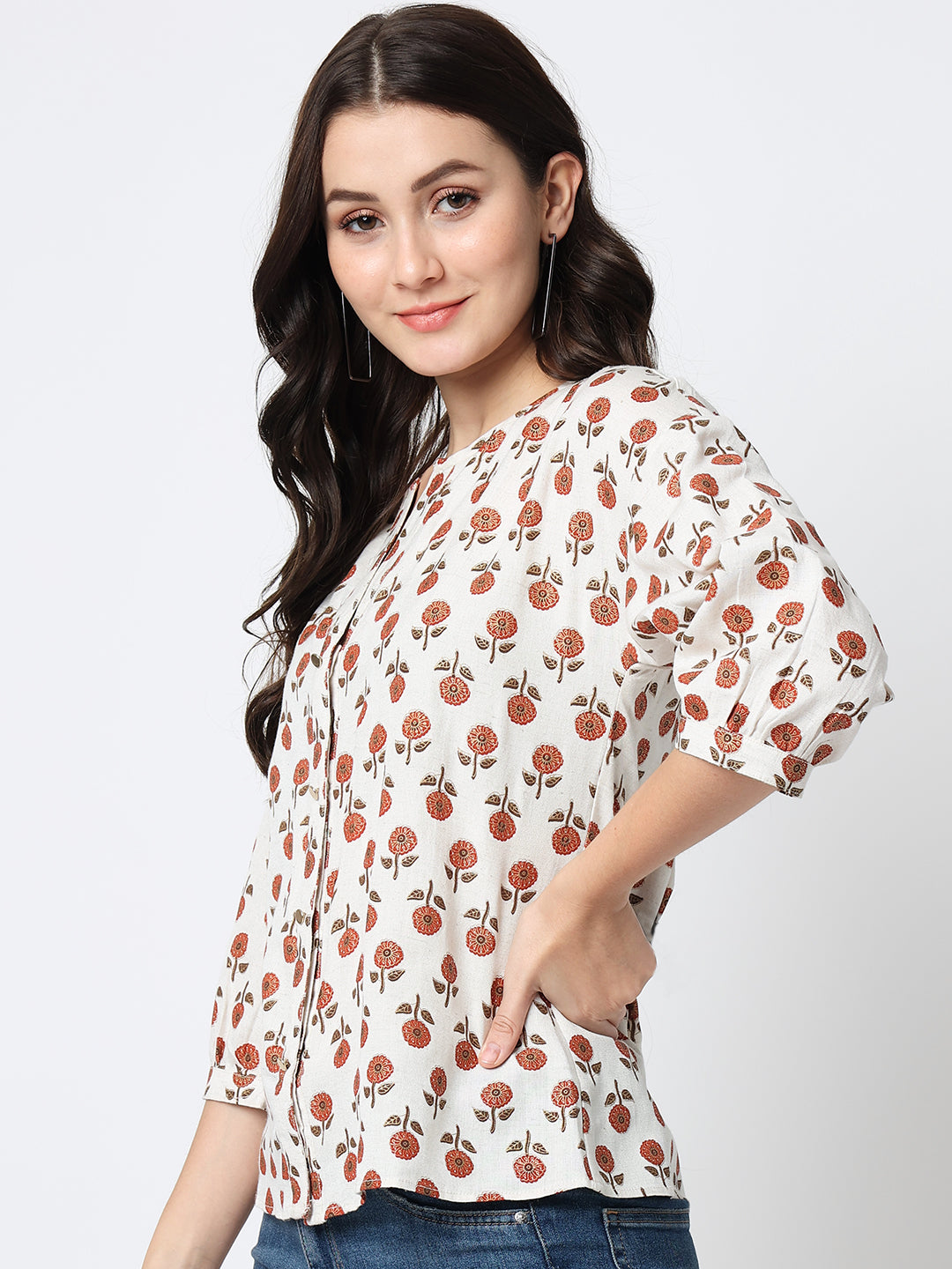 Cream-Coloured Floral Print Mandarin Collar Shirt Style Top