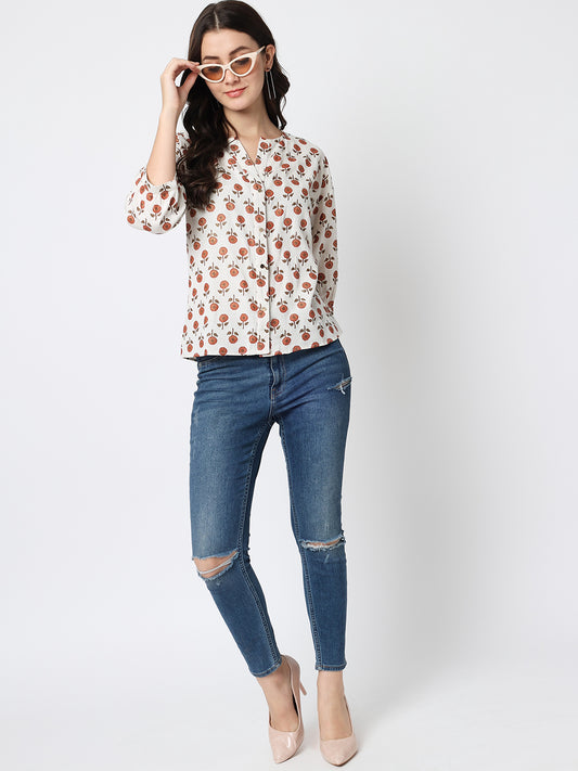 Cream-Coloured Floral Print Mandarin Collar Shirt Style Top