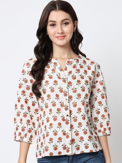 Cream-Coloured Floral Print Mandarin Collar Shirt Style Top