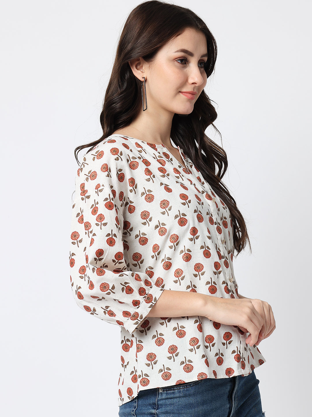 Cream-Coloured Floral Print Mandarin Collar Shirt Style Top