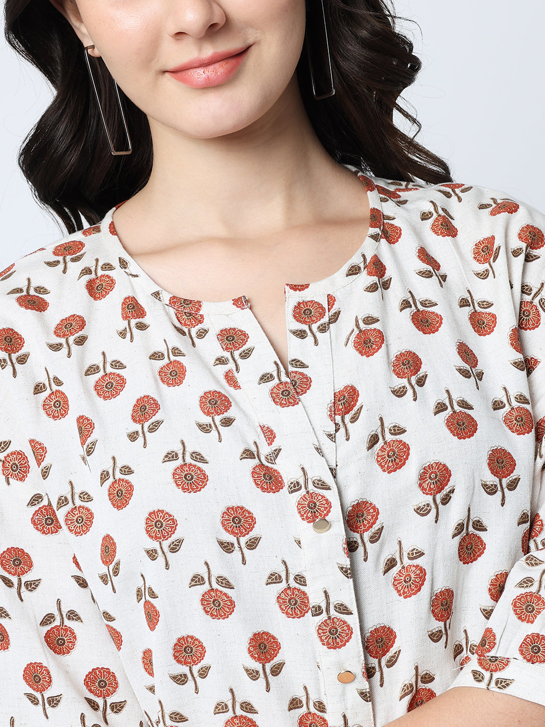 Cream-Coloured Floral Print Mandarin Collar Shirt Style Top