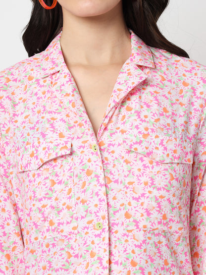 Pink Floral Print Shirt Style Top