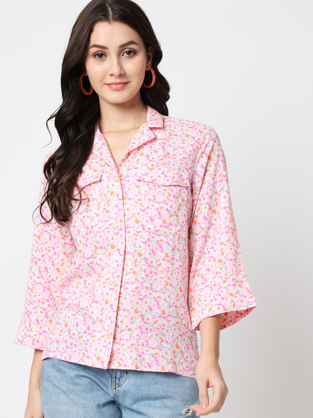 Pink Floral Print Shirt Style Top