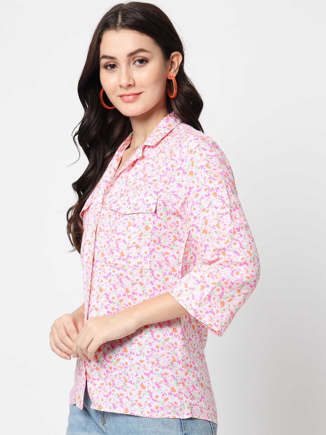 Pink Floral Print Shirt Style Top