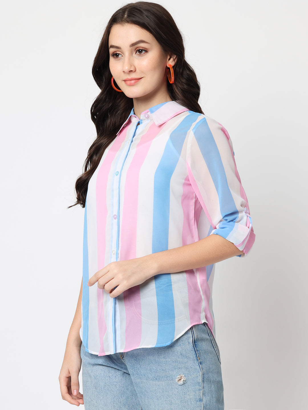 Vertical Striped Spread Collar Roll-up Sleeves Classic Casual Shirt