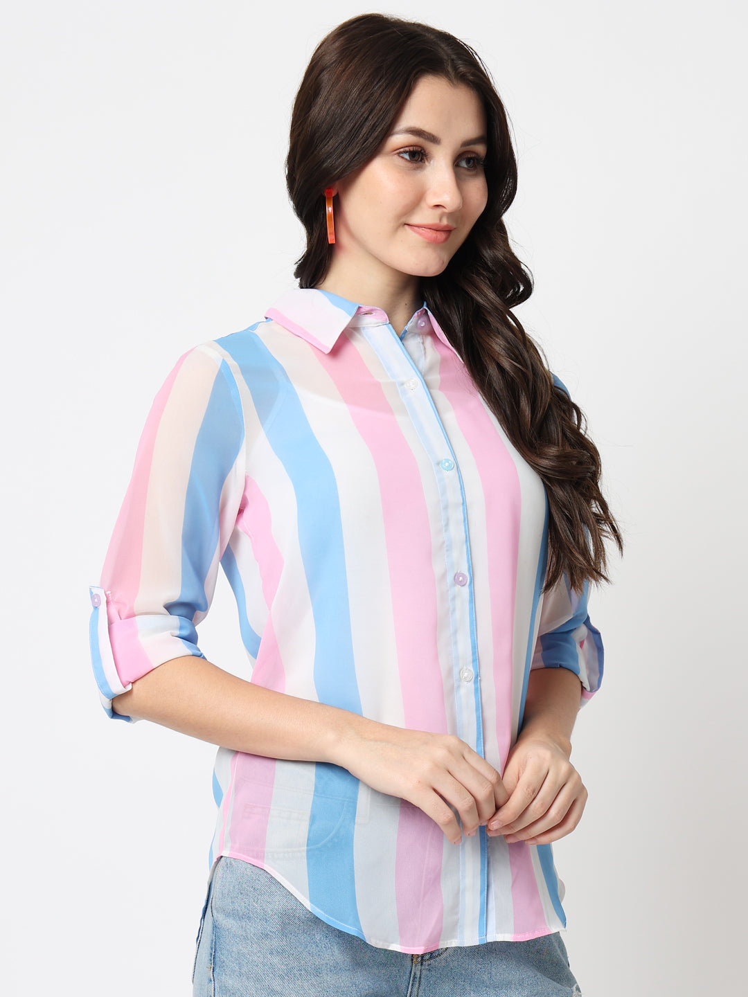 Vertical Striped Spread Collar Roll-up Sleeves Classic Casual Shirt