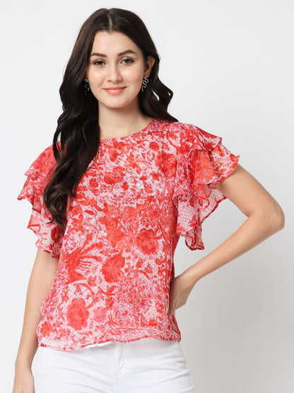 Red Self-Design Georgette Top