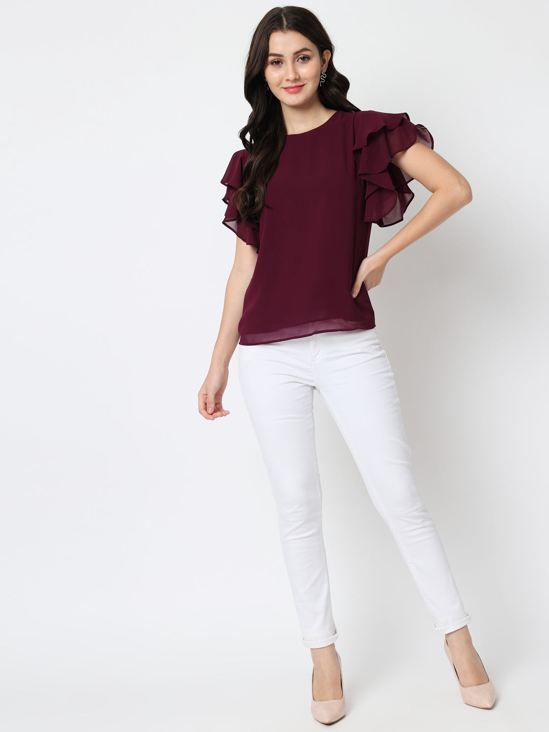 Women Maroon Solid Georgette Top