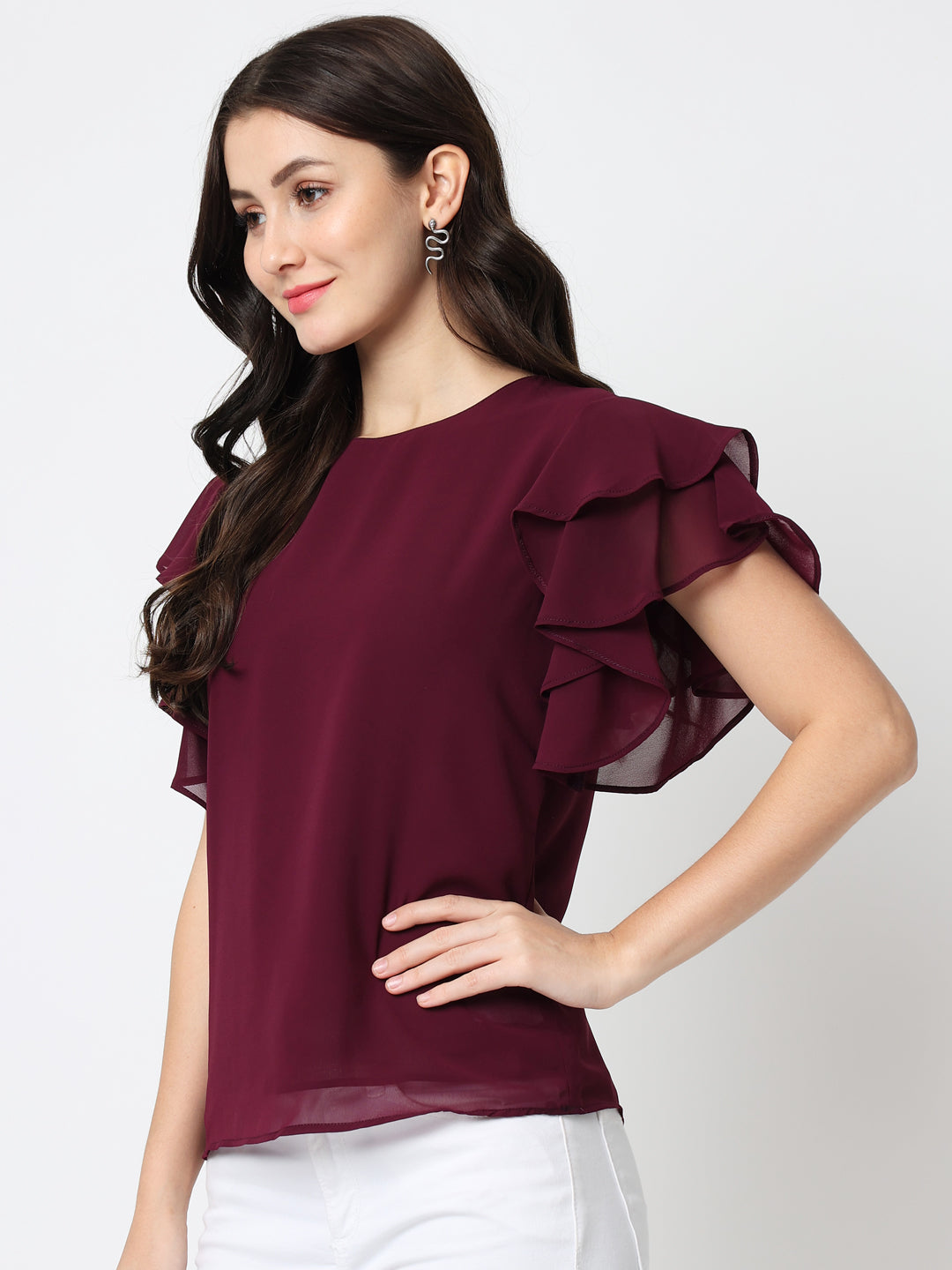 Women Maroon Solid Georgette Top