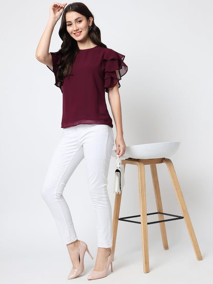 Women Maroon Solid Georgette Top