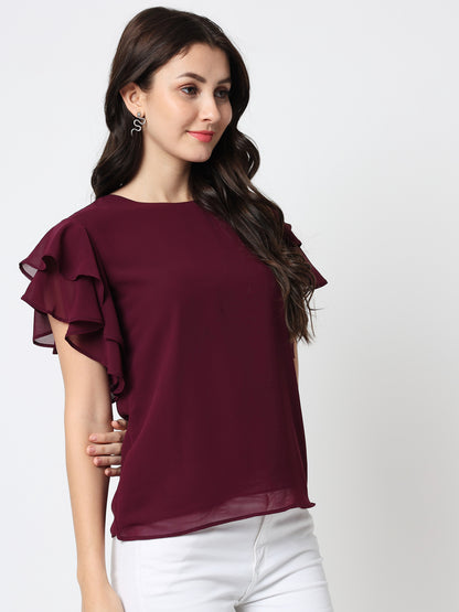 Women Maroon Solid Georgette Top