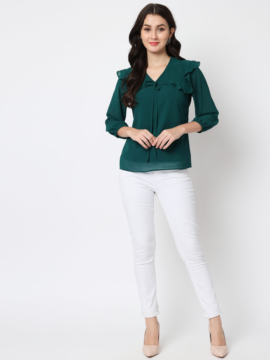 Green Crepe V-Neck Top