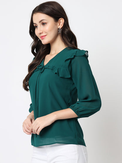 Green Crepe V-Neck Top