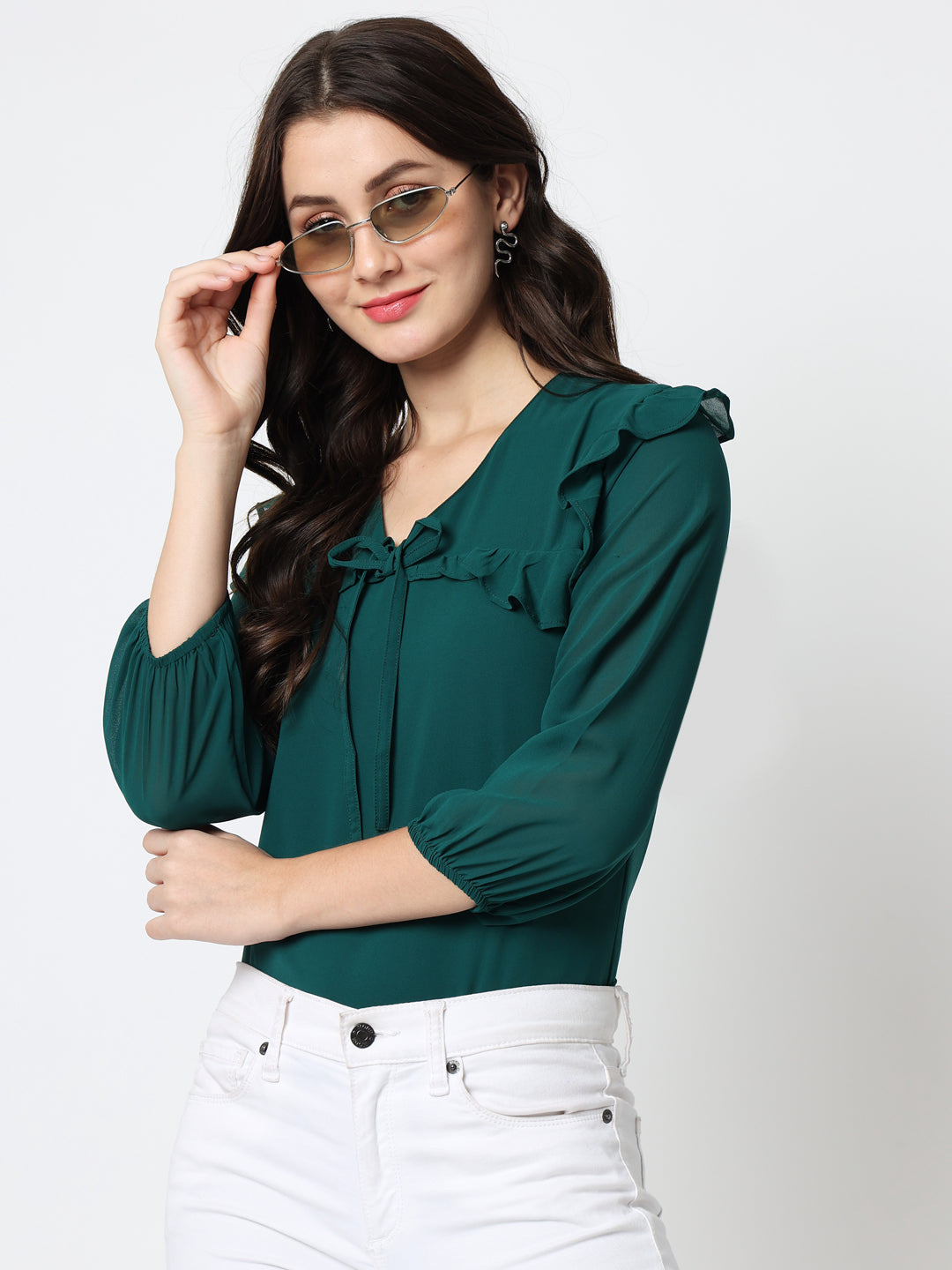 Green Crepe V-Neck Top