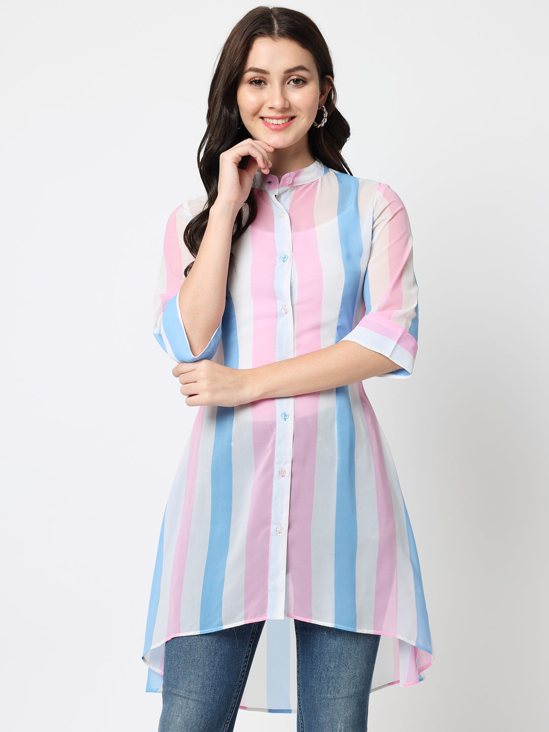 Vertical Stripes Mandarin Collar Classic Casual Shirt