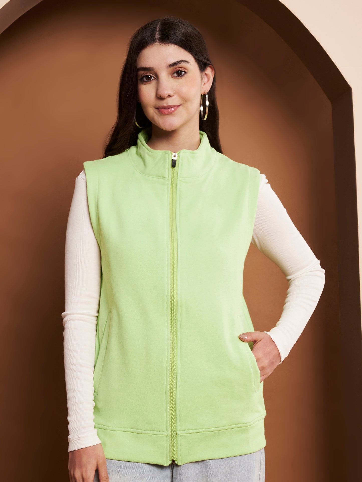 Women Mock Collar Solid Cotton Casual Bomber Jacket