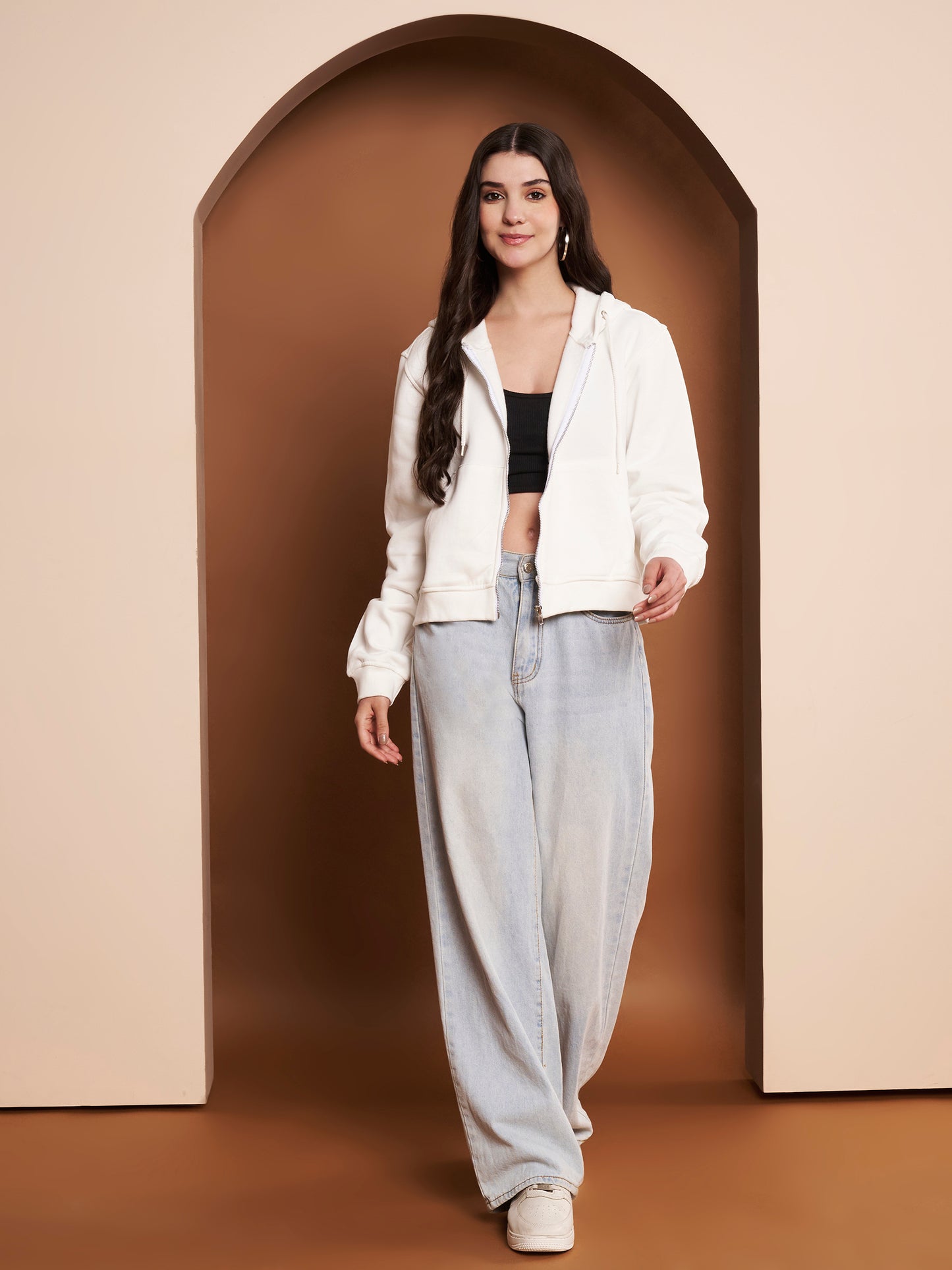 Women's Hooded Long Sleeves Cotton White Jacket