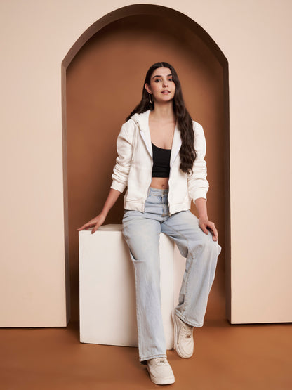 Women's Hooded Long Sleeves Cotton White Jacket