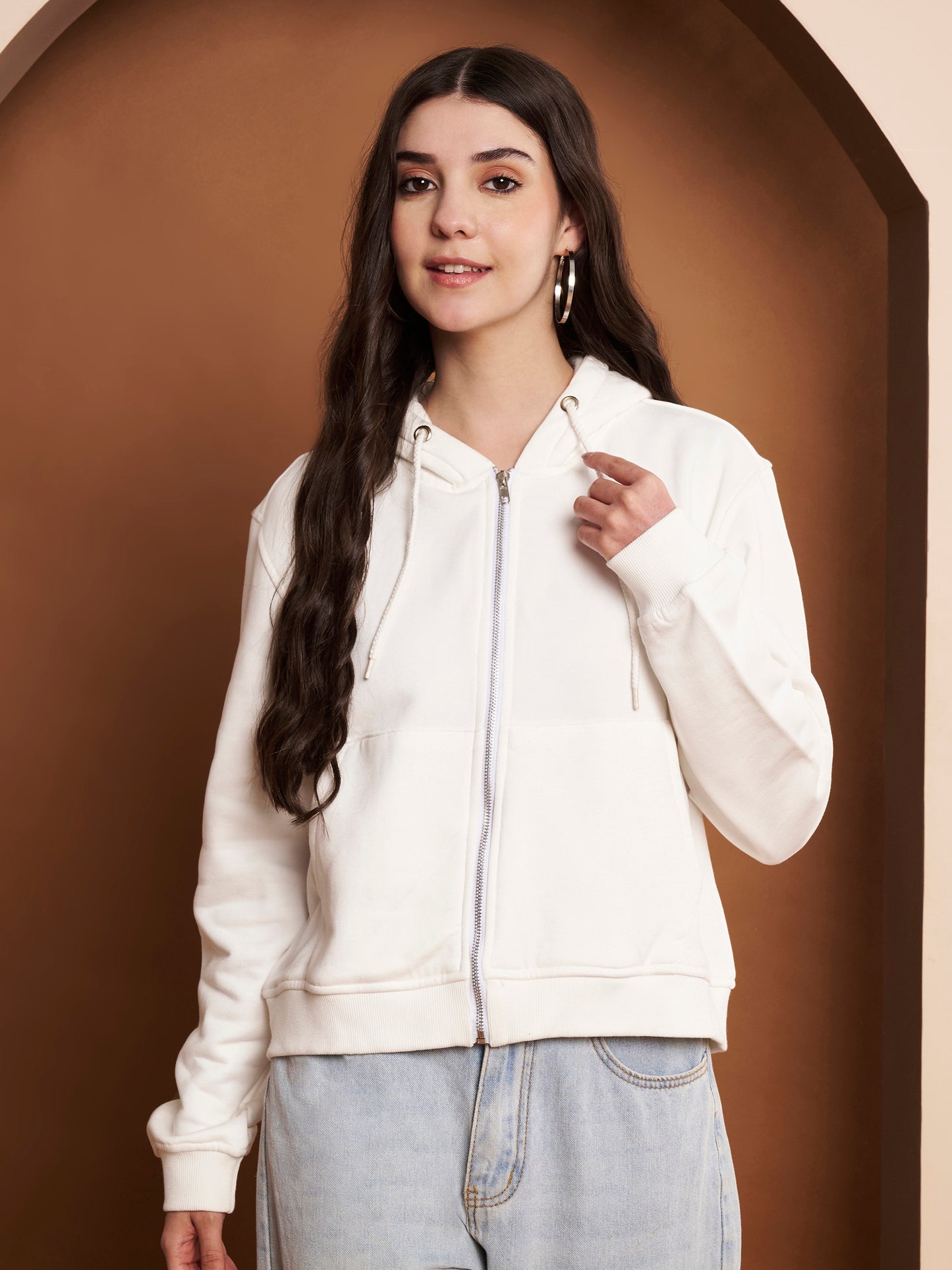 Women's Hooded Long Sleeves Cotton White Jacket