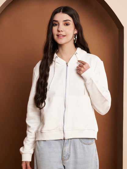 Women's Hooded Long Sleeves Cotton White Jacket
