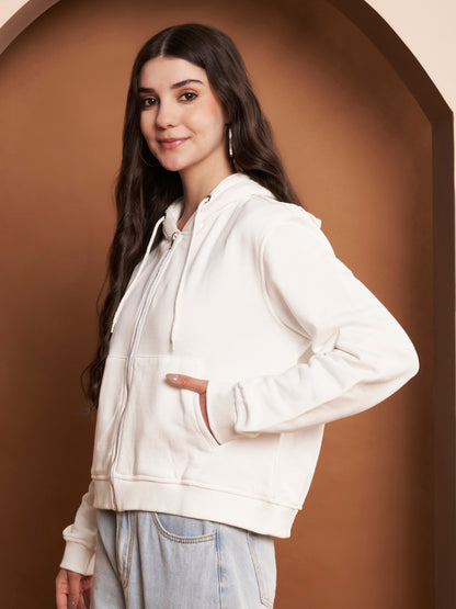 Women's Hooded Long Sleeves Cotton White Jacket