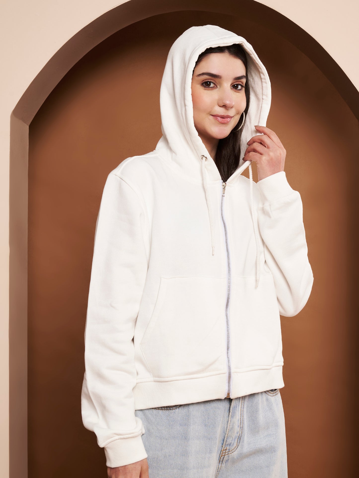 Women's Hooded Long Sleeves Cotton White Jacket