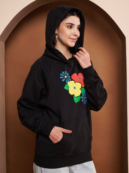 Women Floral Printed Cotton Black Hoodie