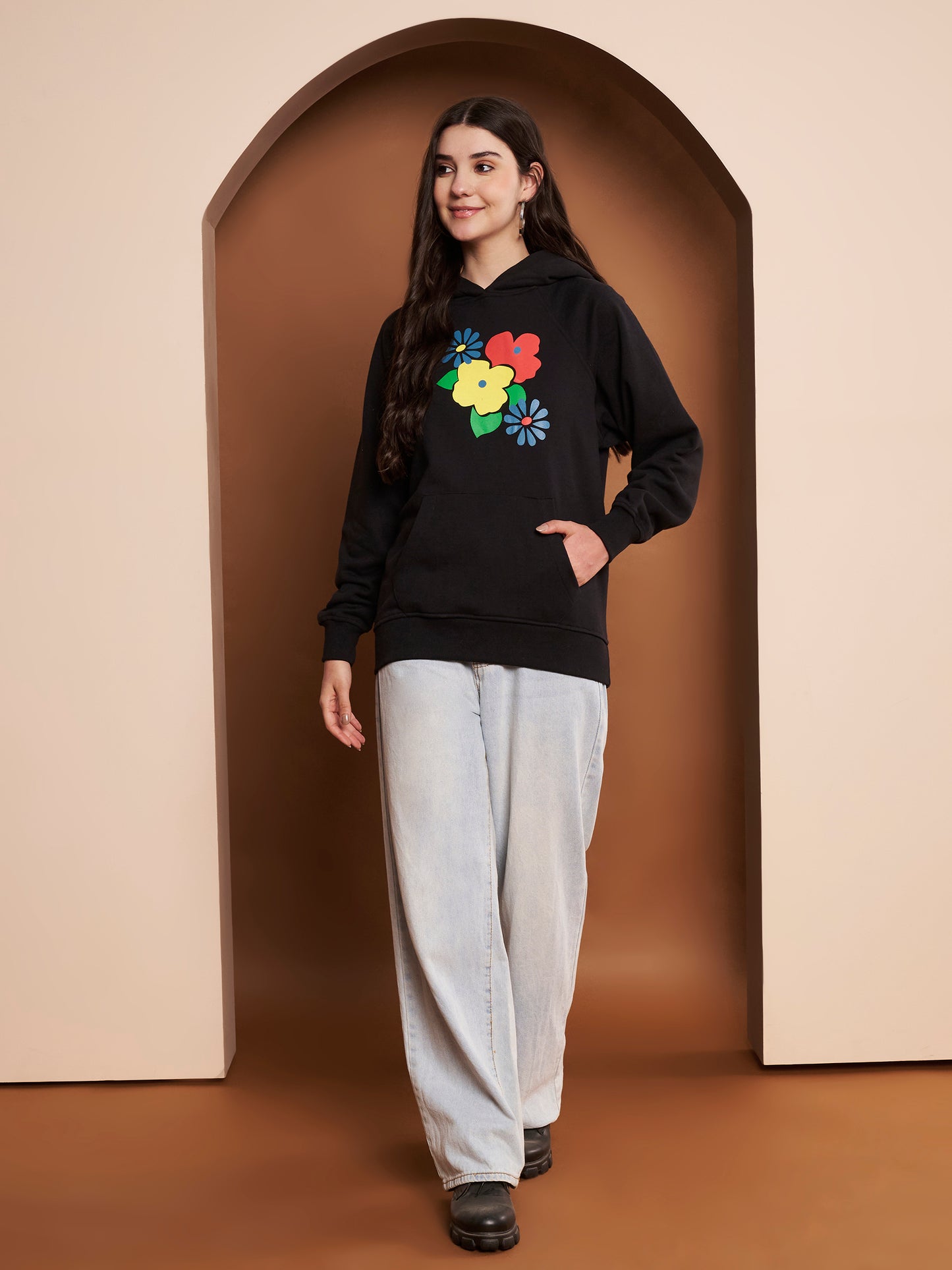 Women Floral Printed Cotton Black Hoodie