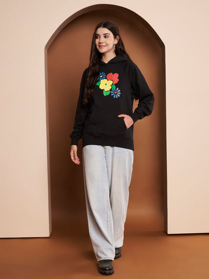 Women Floral Printed Cotton Black Hoodie
