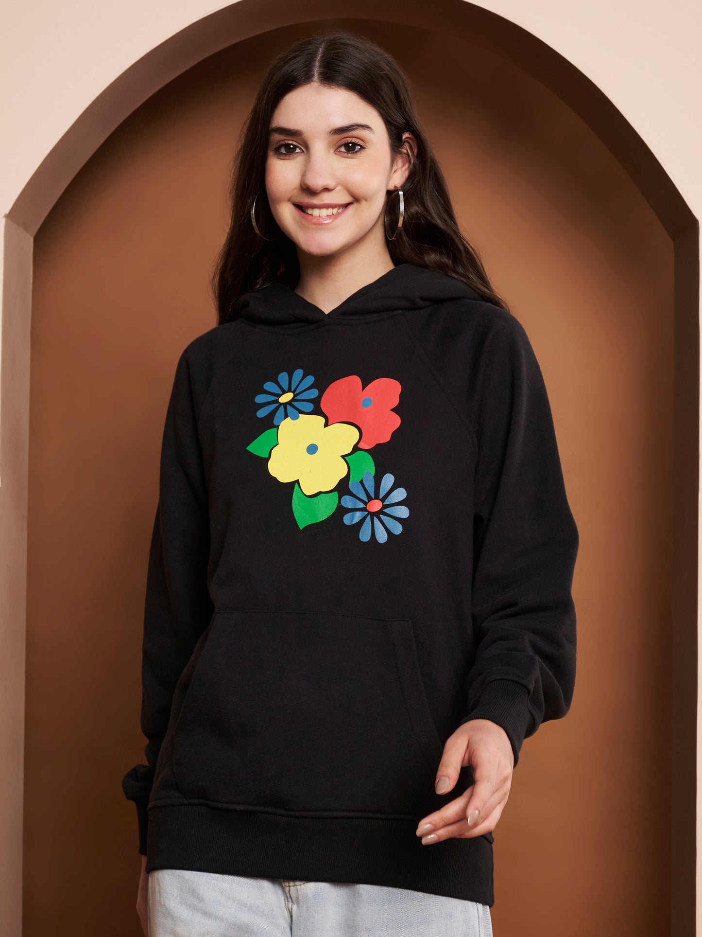 Women Floral Printed Cotton Black Hoodie