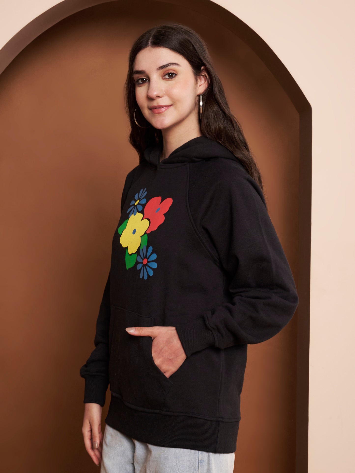 Women Floral Printed Cotton Black Hoodie
