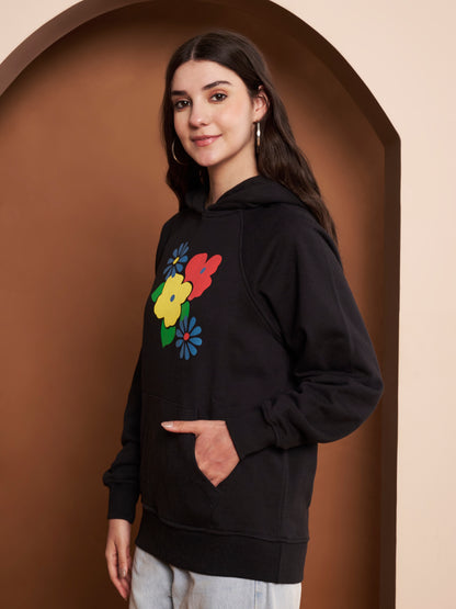 Women Floral Printed Cotton Black Hoodie