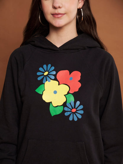 Women Floral Printed Cotton Black Hoodie