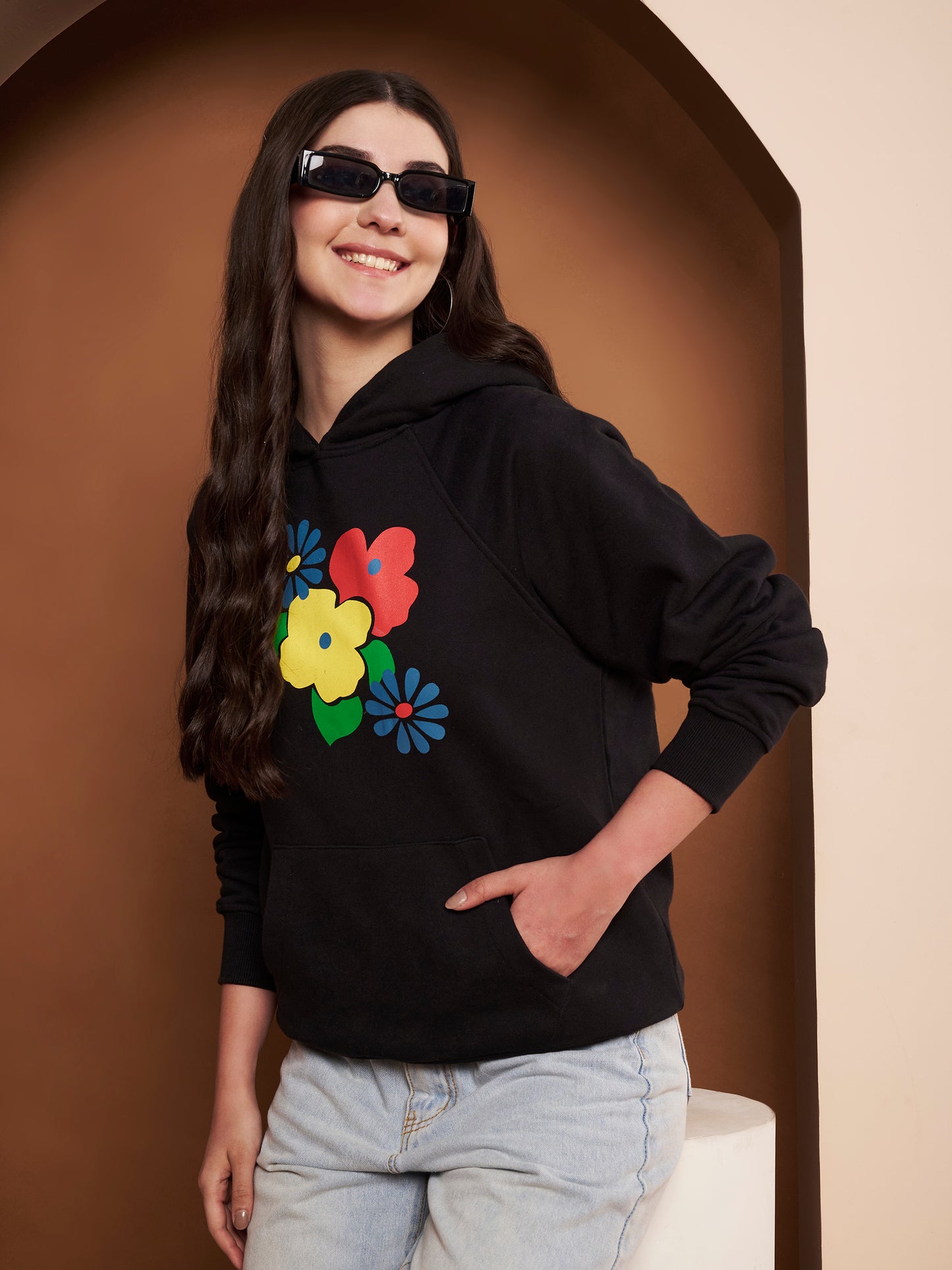 Women Floral Printed Cotton Black Hoodie