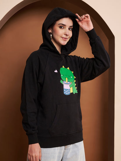 Women Printed Cotton Black Hoodie