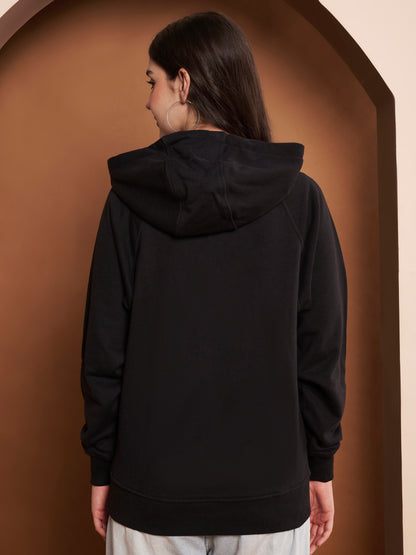 Women Printed Cotton Black Hoodie