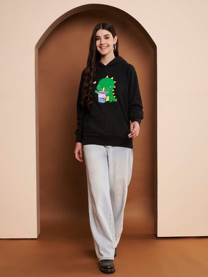 Women Printed Cotton Black Hoodie