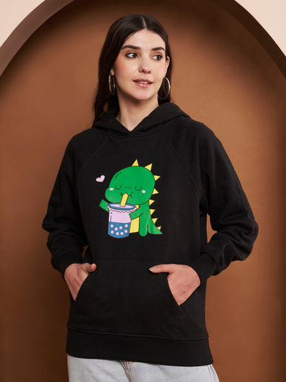 Women Printed Cotton Black Hoodie