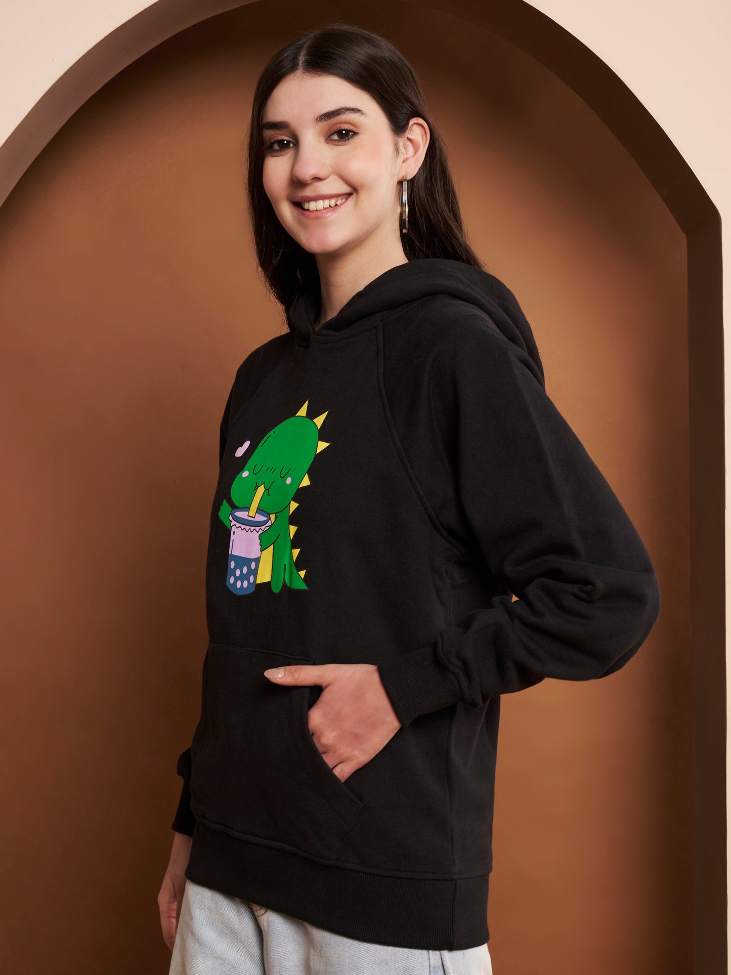 Women Printed Cotton Black Hoodie