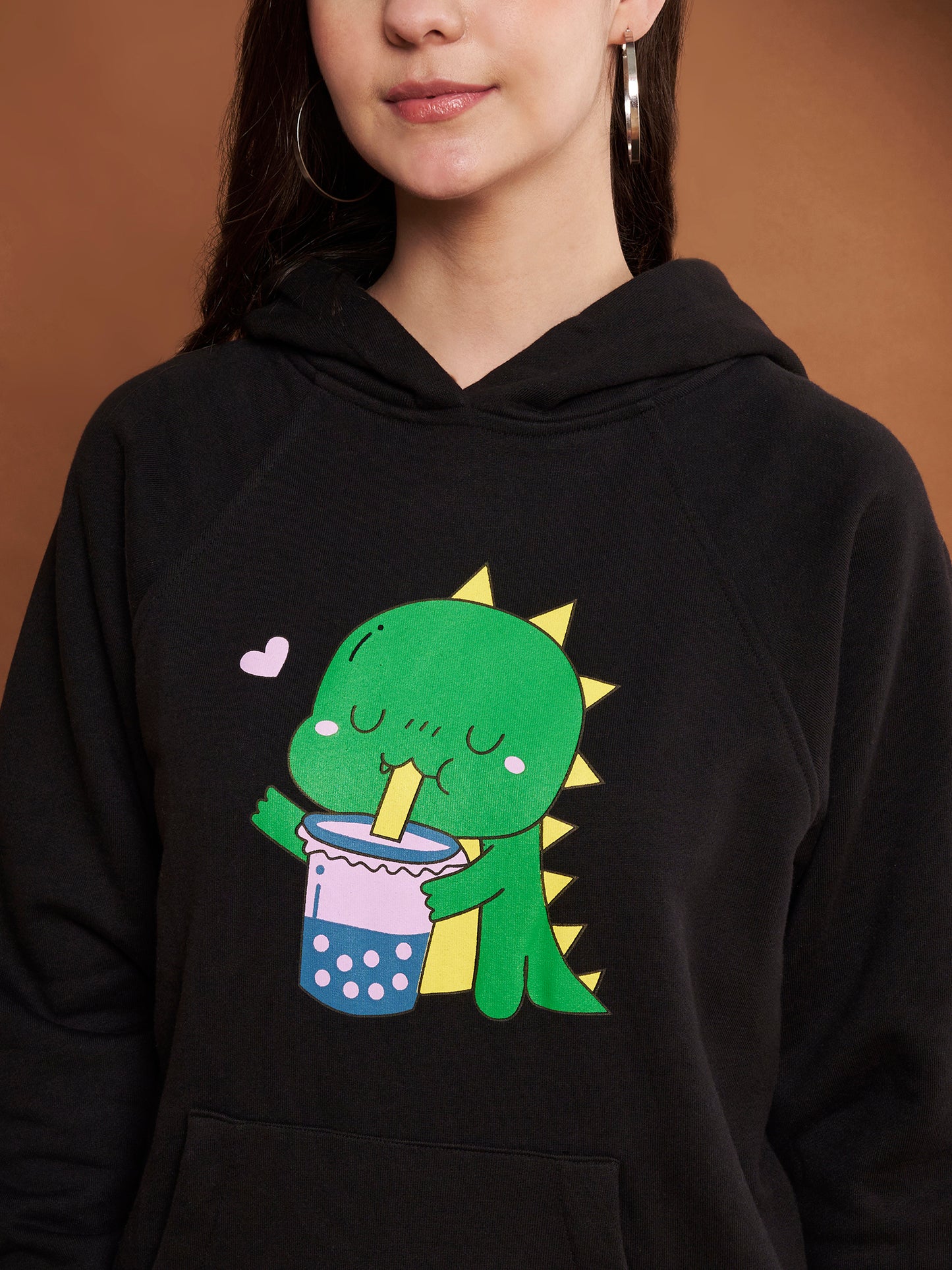 Women Printed Cotton Black Hoodie