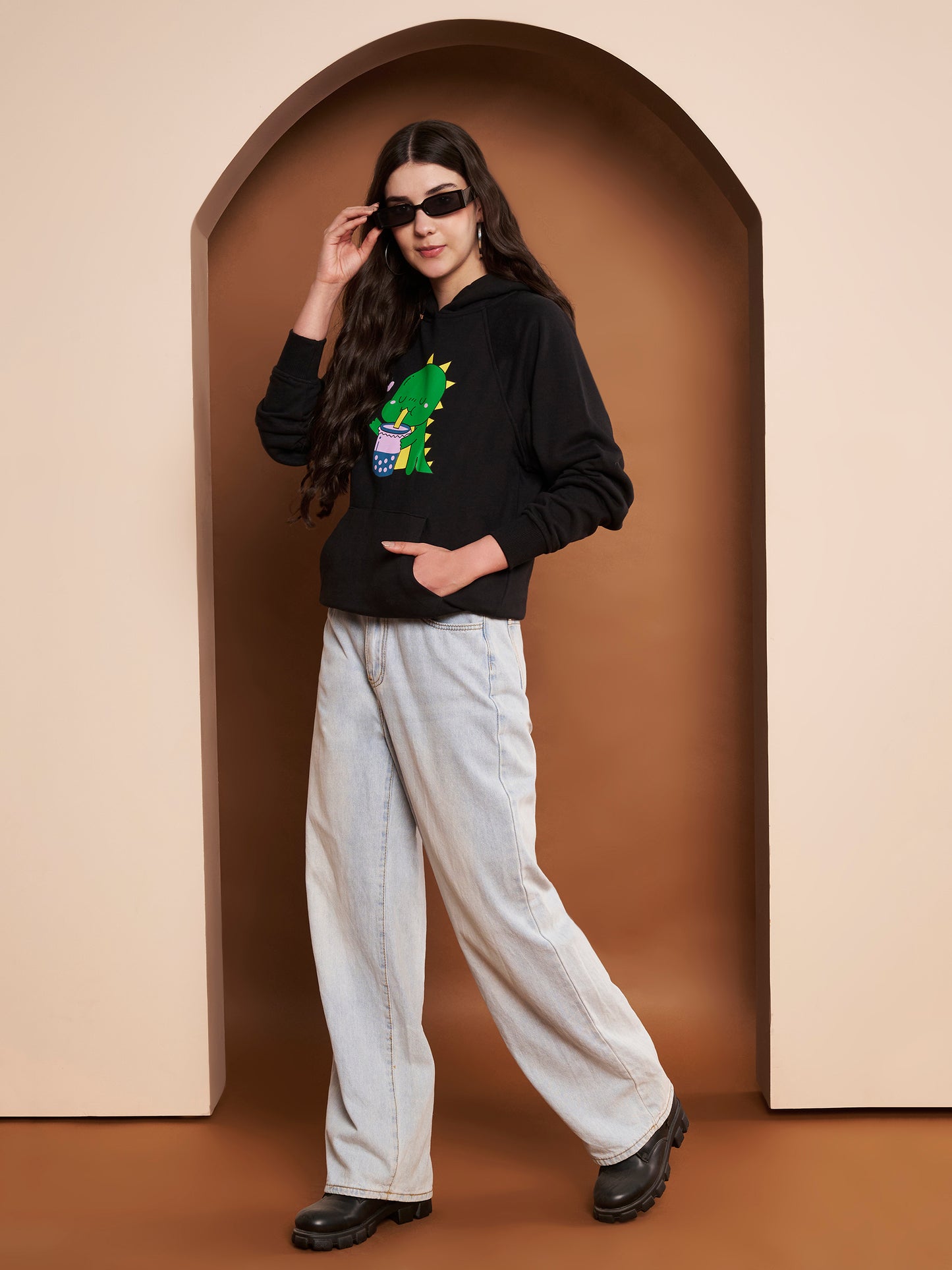 Women Printed Cotton Black Hoodie