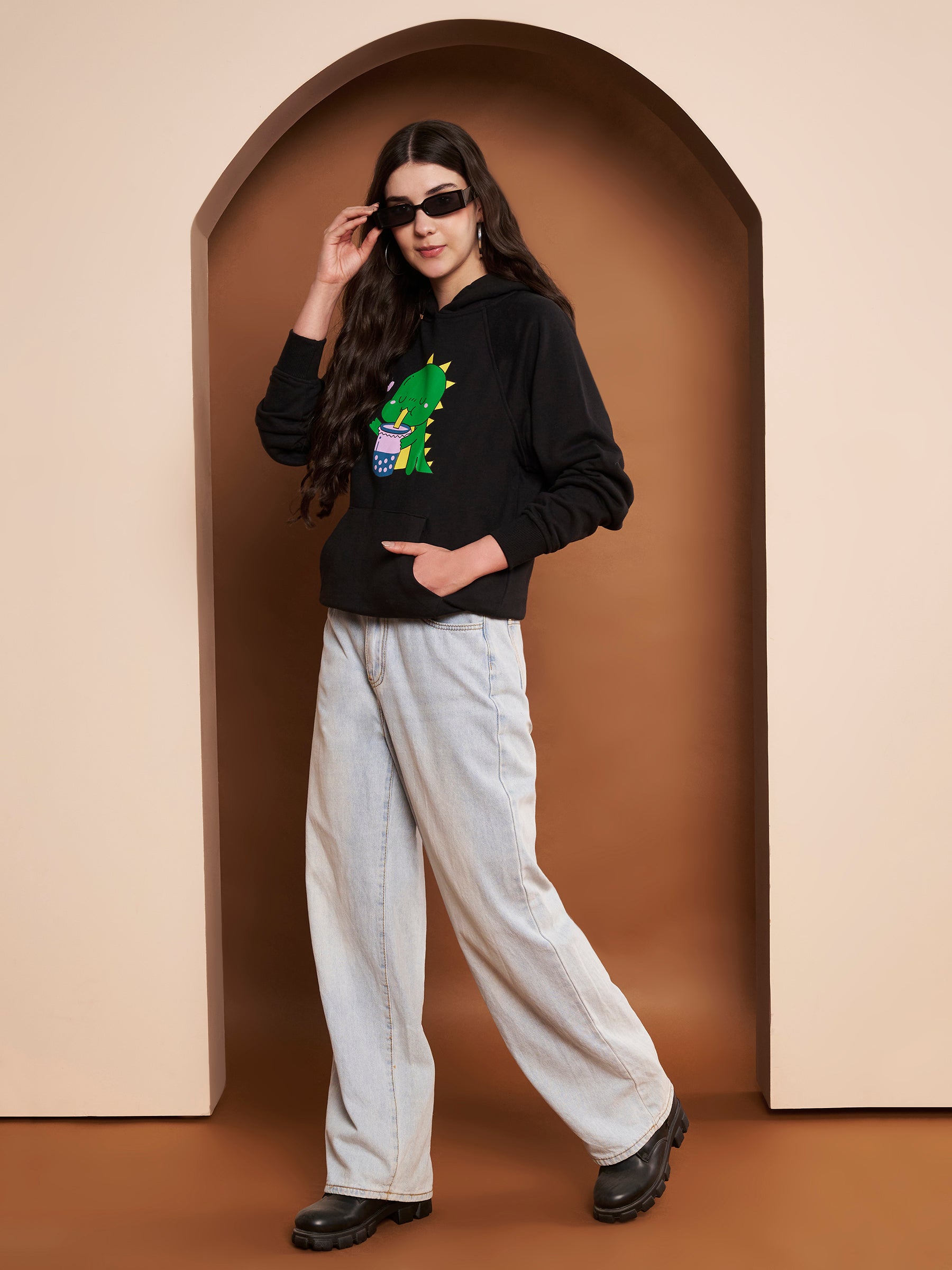 Women Printed Cotton Black Hoodie