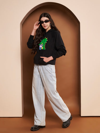 Women Printed Cotton Black Hoodie