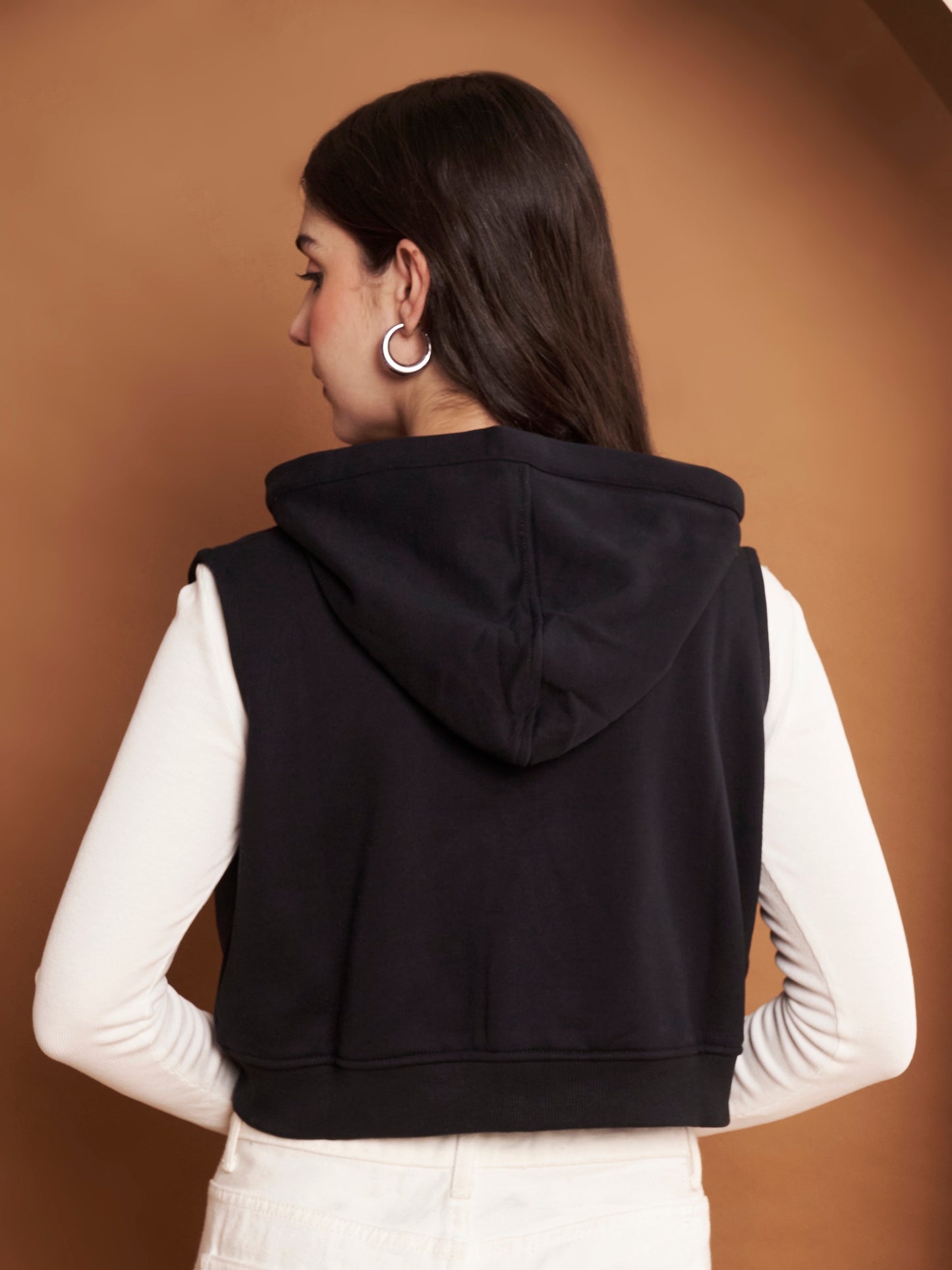 Women Hooded Cotton Crop Bomber Black Jacket